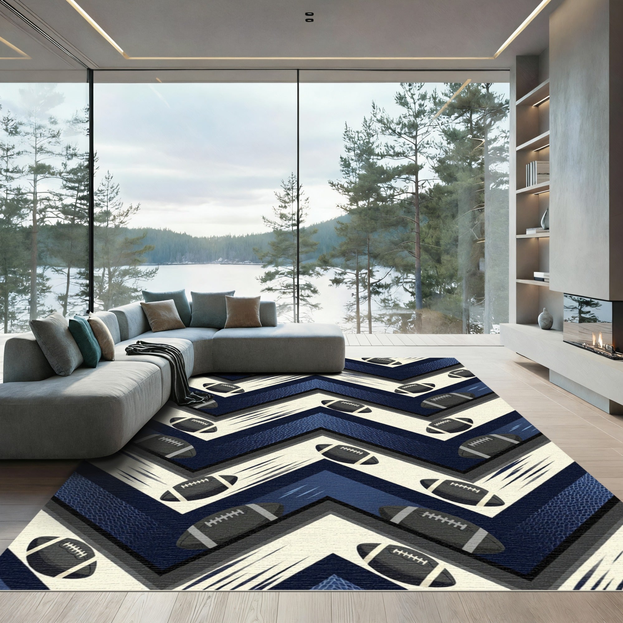 Navy Blue Athletic Football Chevron Rug