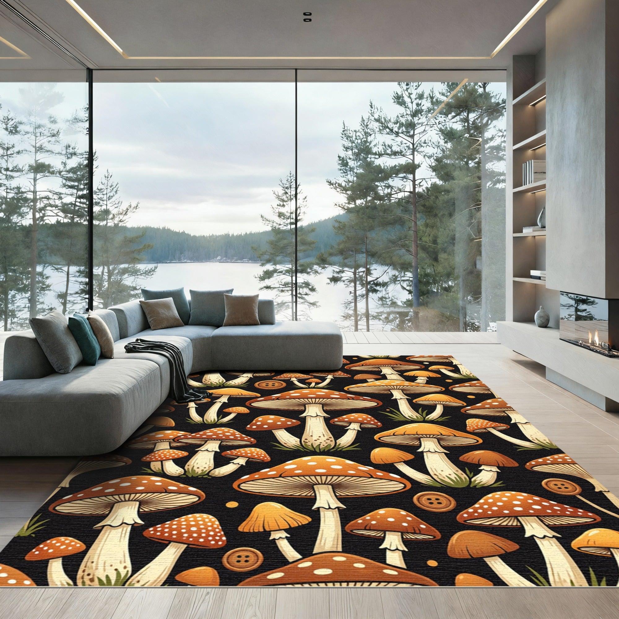 Enchanted Orange Mushroom Forest Floor Rug