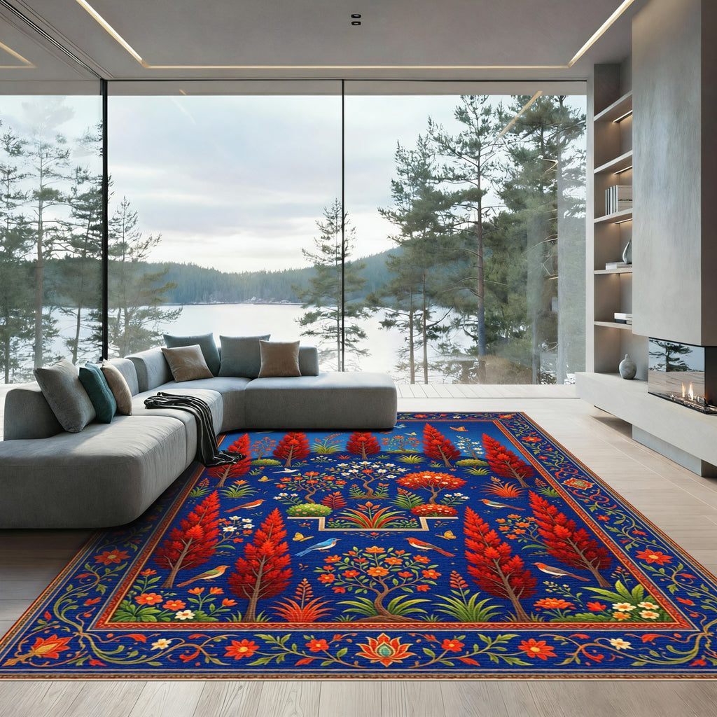 Vibrant Crimson Tree and Bird Garden Rug
