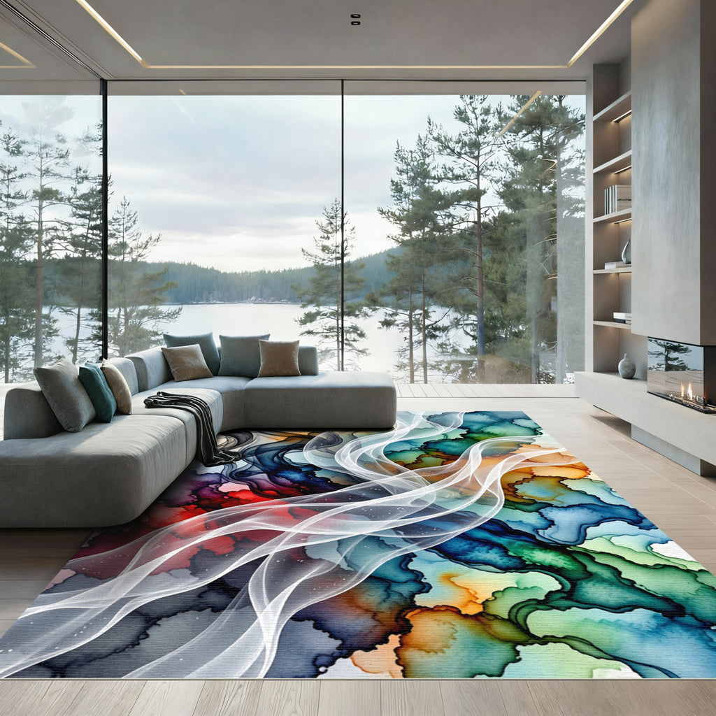 Vibrant Ink Swirl Abstract Watercolor Rug