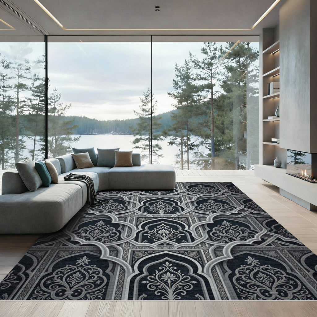 Dark Gray Floral Archway Lattice Rug