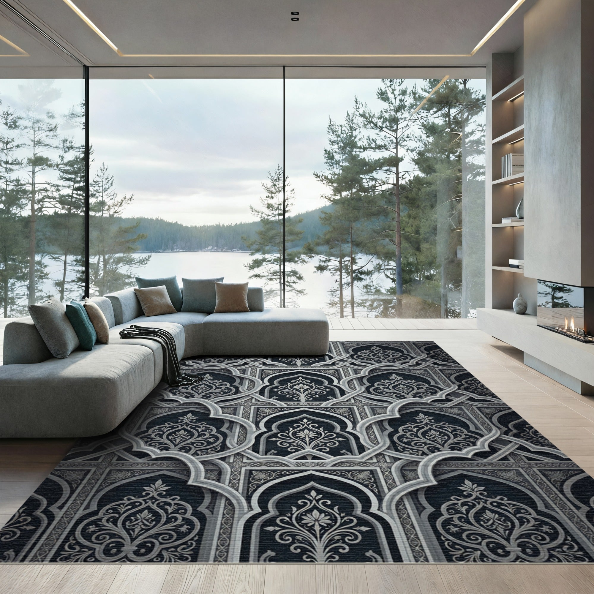 Dark Gray Floral Archway Lattice Rug