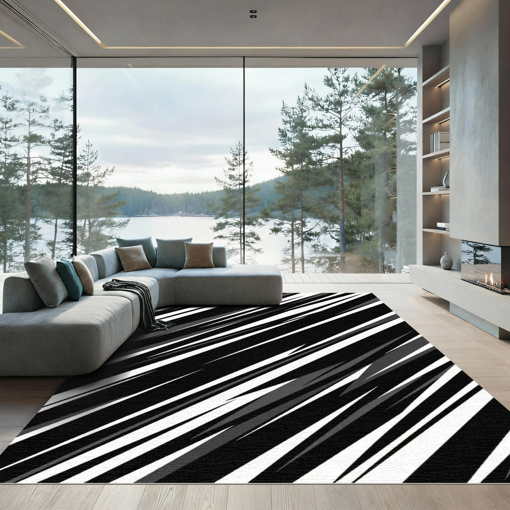 Bold Black and White Diagonal Stripe Rug