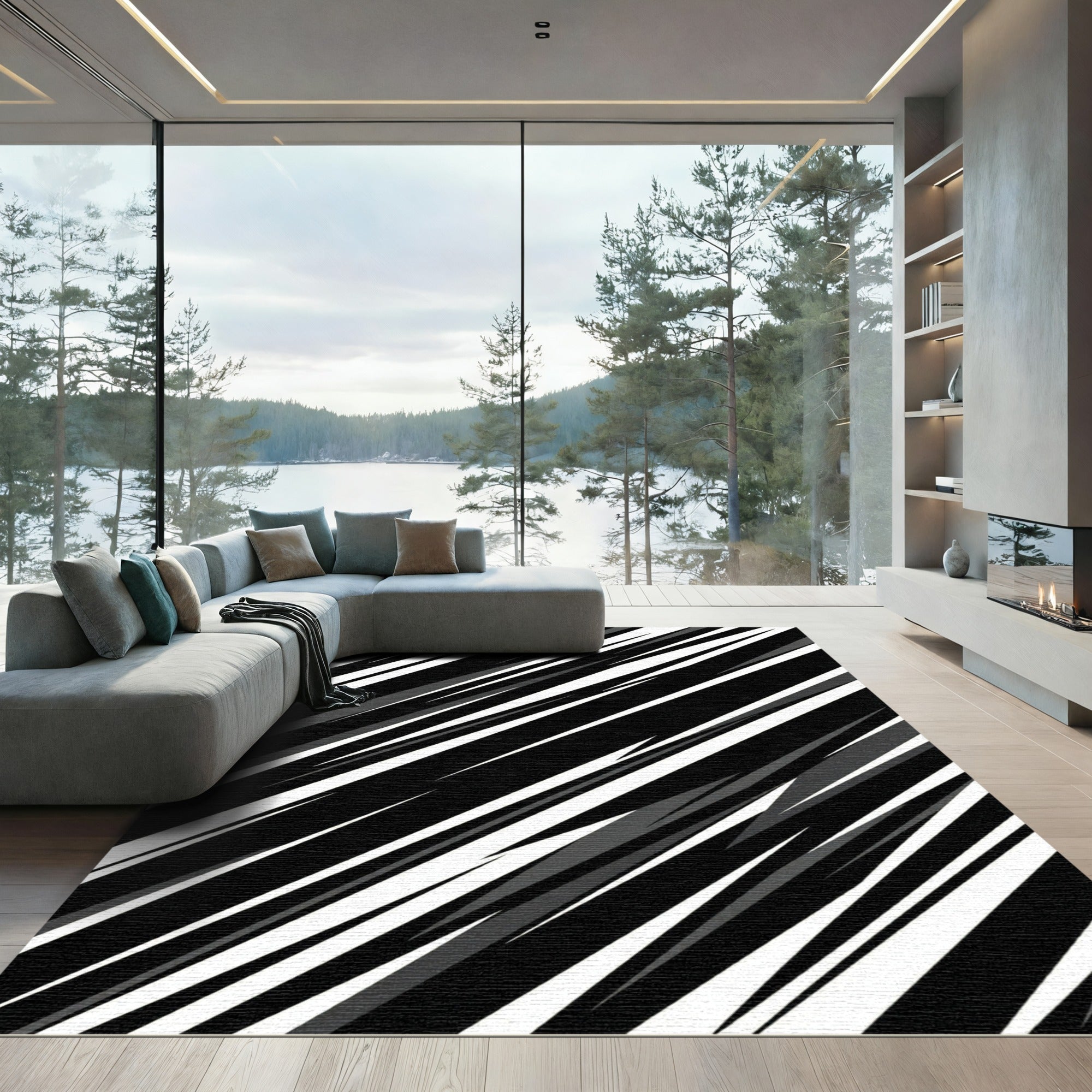 Bold Black and White Diagonal Stripe Rug