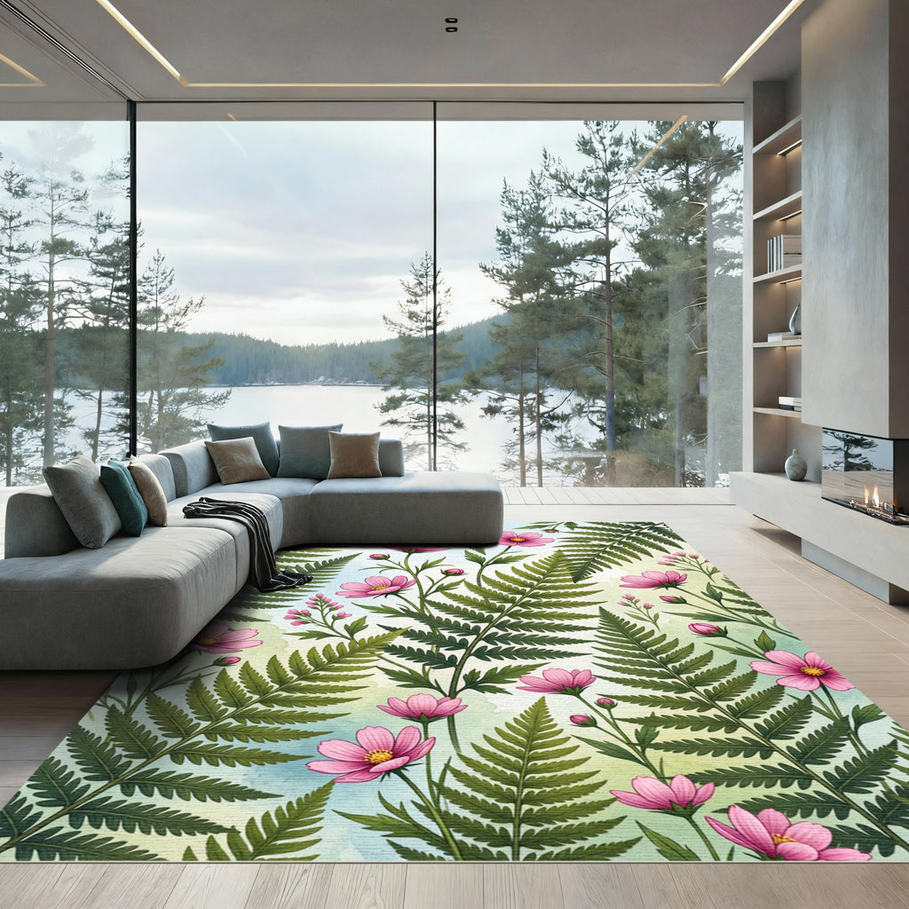 Soft Pink Cosmos and Ferns Rug
