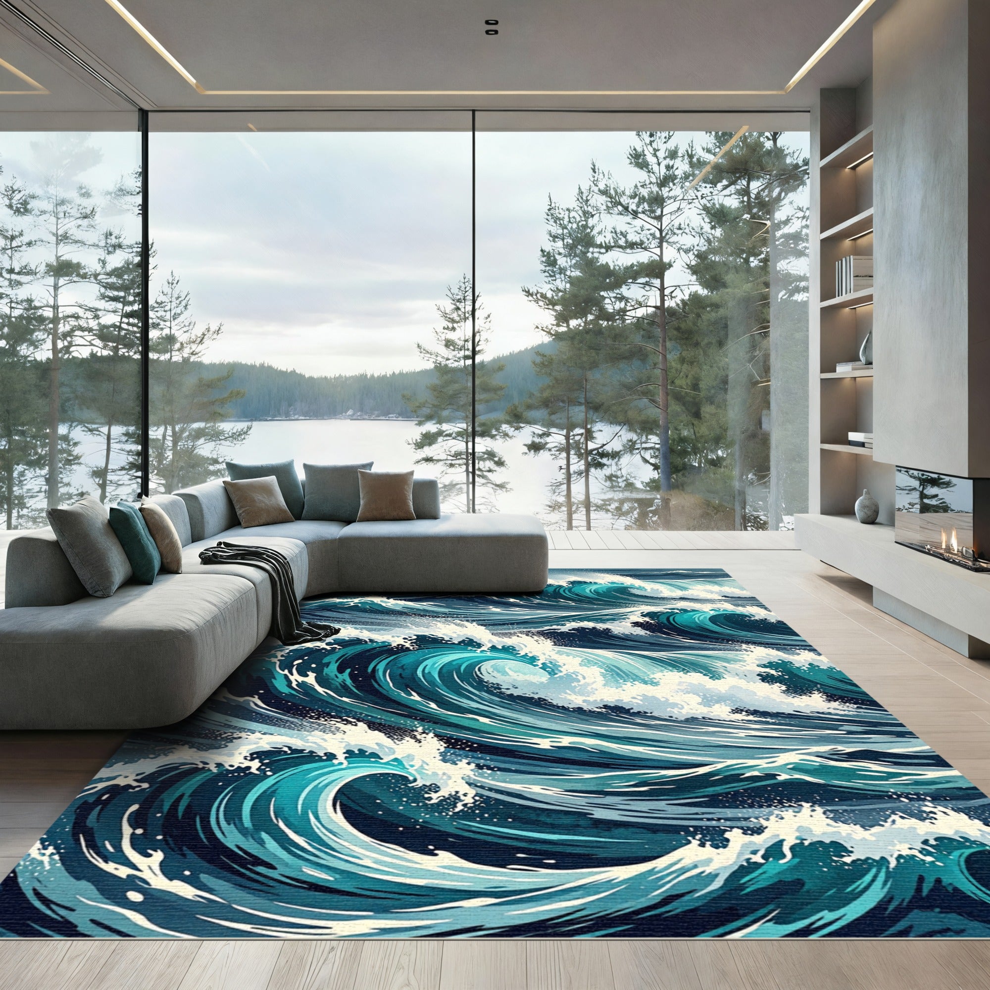 Surging Deep Blue Oceanic Wave Art Rug