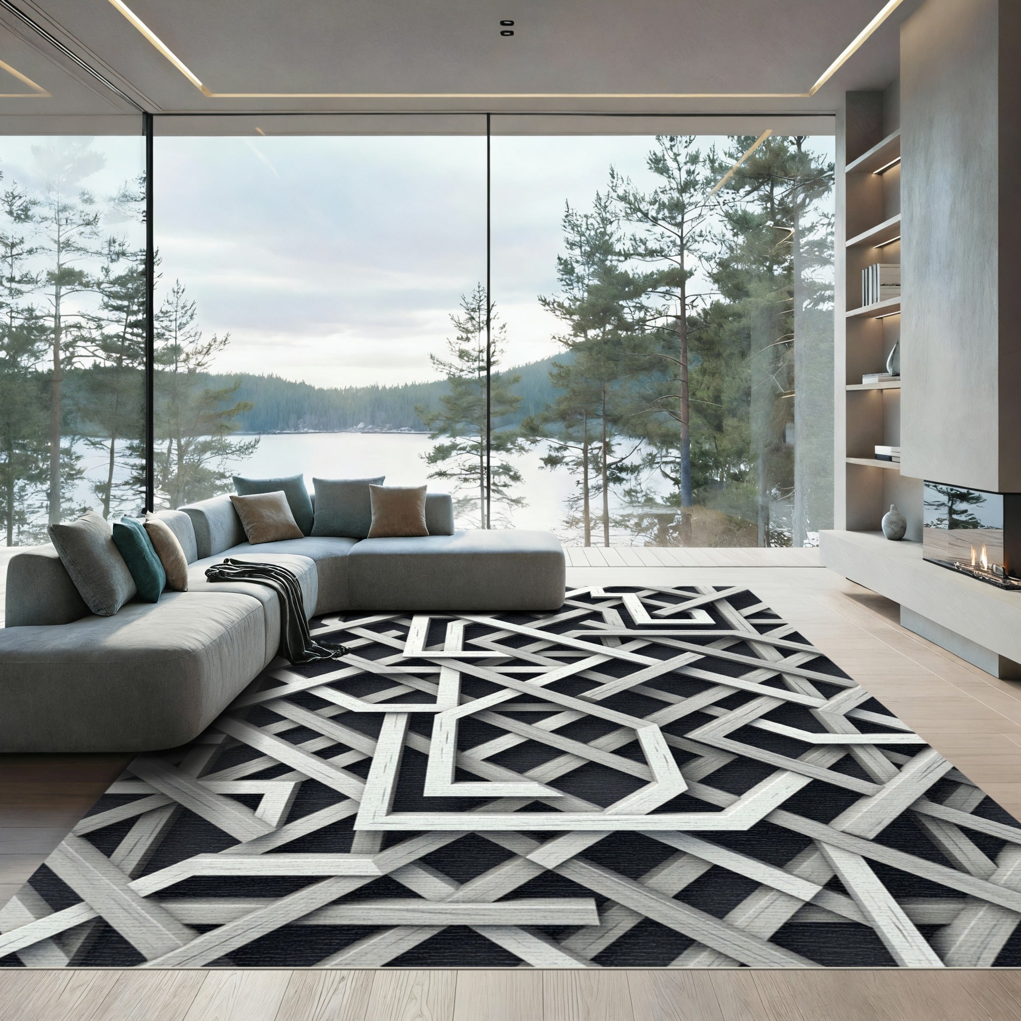 Modern Monochromatic Geometric Interlocking Grid Rug