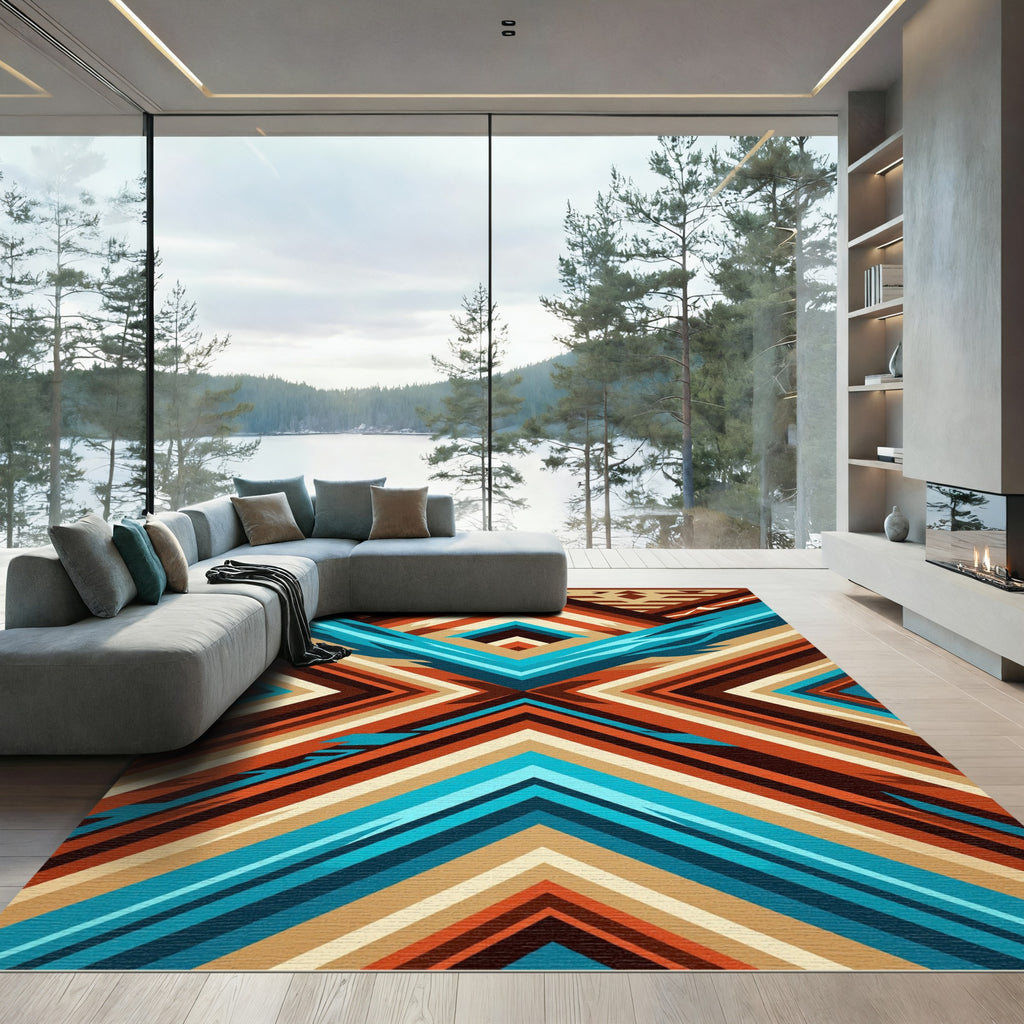 Geometric Teal and Terracotta Chevron Rug