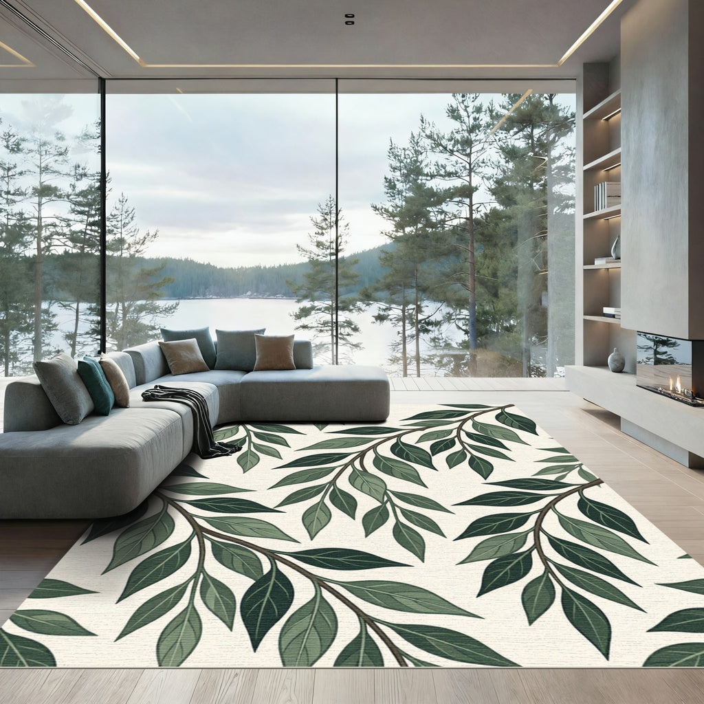 Deep Green Leafy Branch Overlay Rug