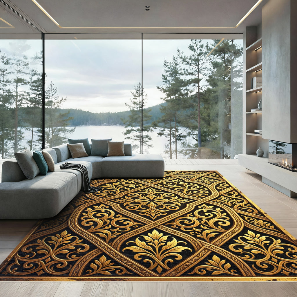Elegant Golden Baroque Scroll Filigree Rug