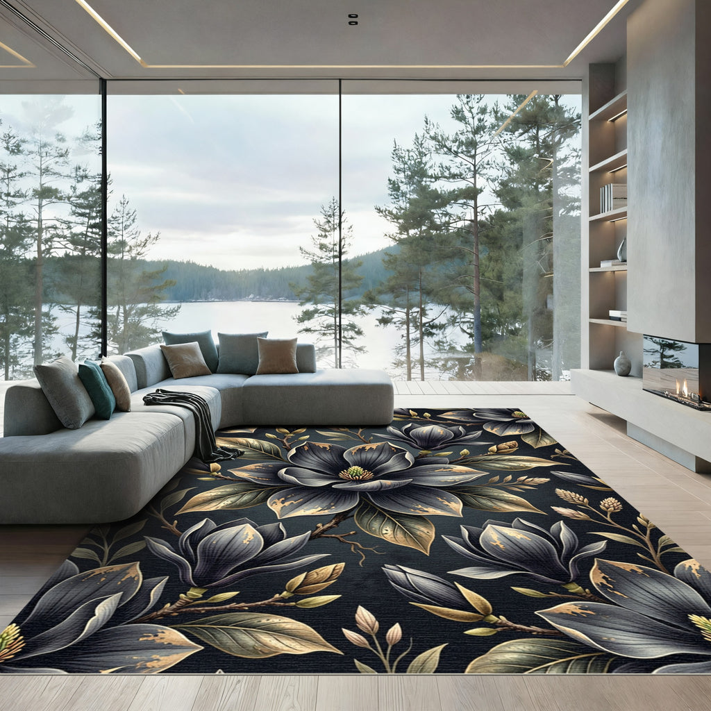Dark Gray Magnolia Floral Branches Rug