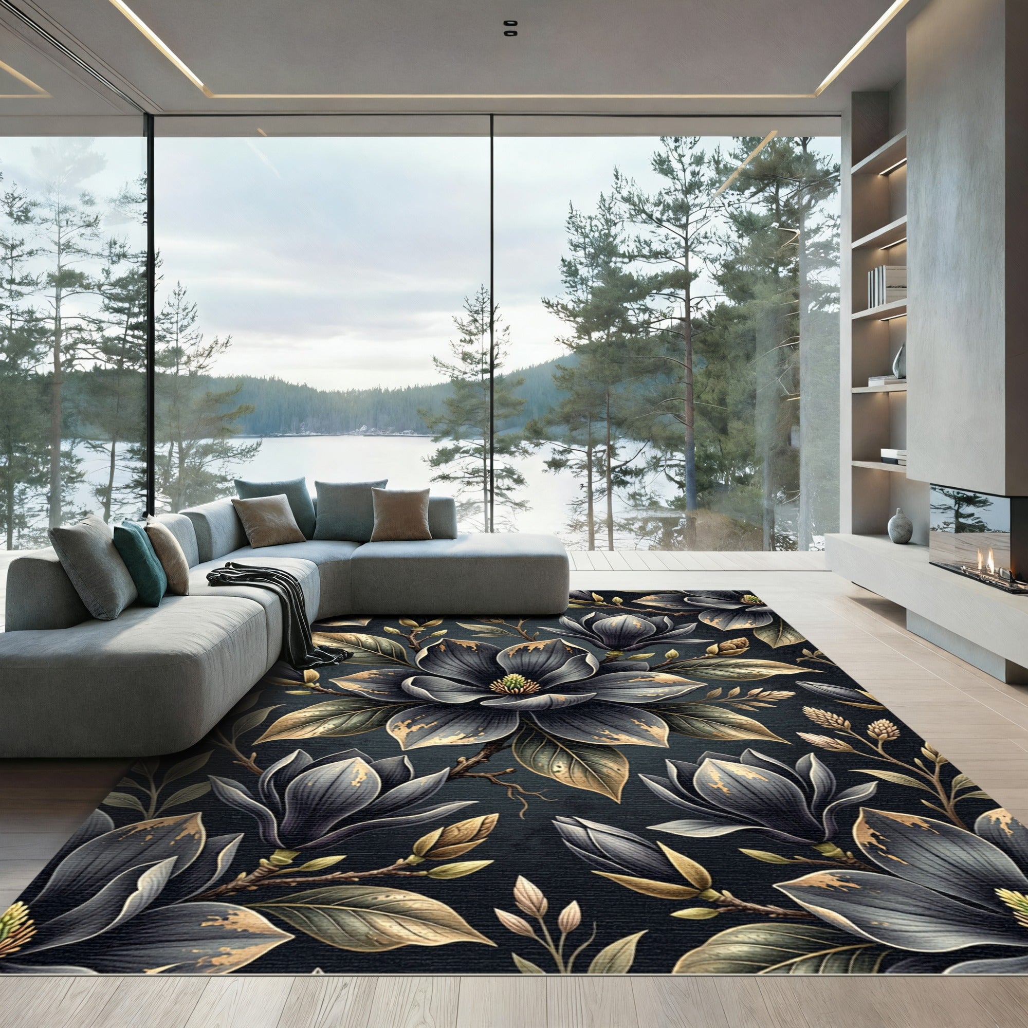 Dark Gray Magnolia Floral Branches Rug