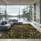 Ornate Olive Green Damask Medallion Rug