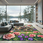 English Cottage Rose Garden Scene Rug