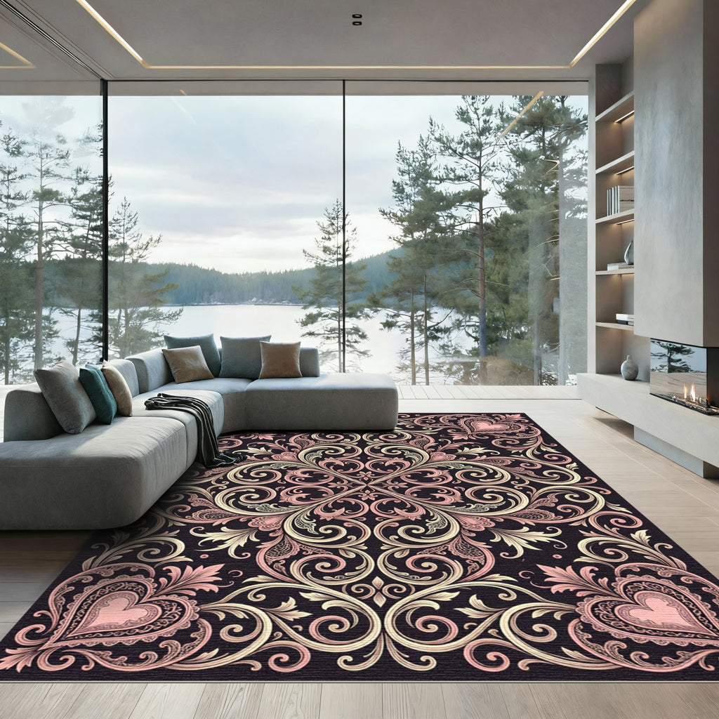 Coral Pink Lace Heart Swirls Rug