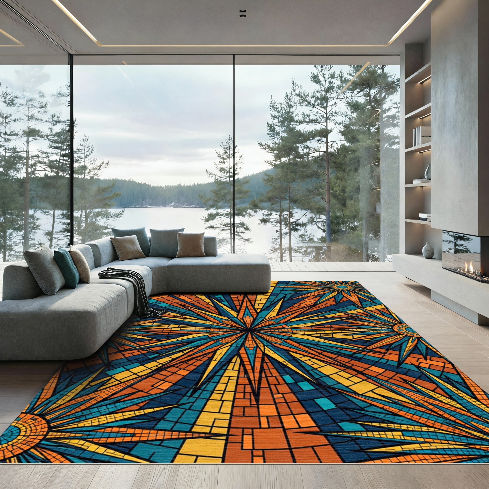 Vibrant Sunburst Mosaic Geometric Teal Orange Rug