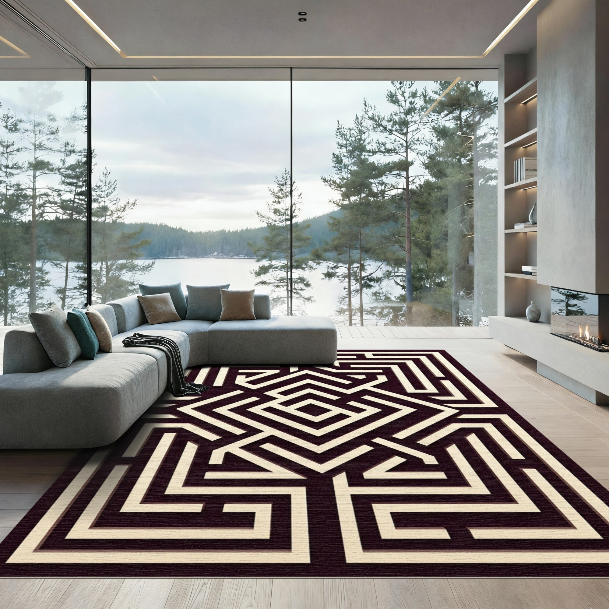 Deep Burgundy Maze Geometric Rug