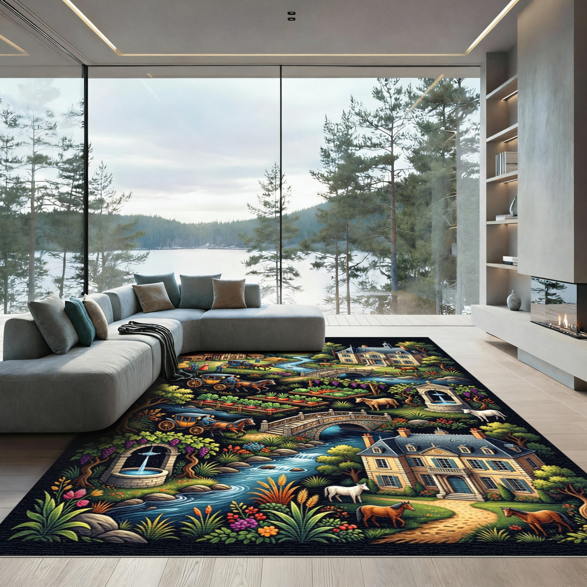 Charming Carriage Landscape Garden Art Rug