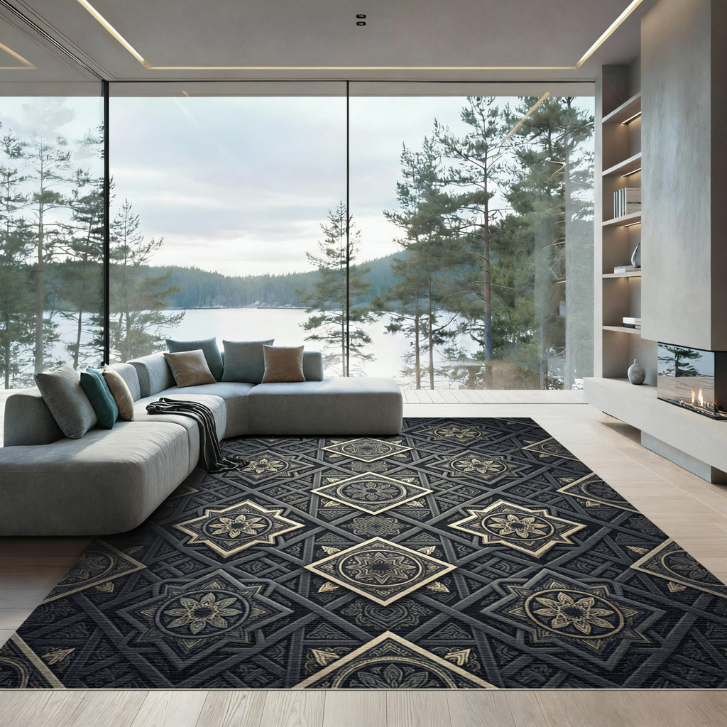 Elegant Charcoal Gold Geometric Art Deco Rug