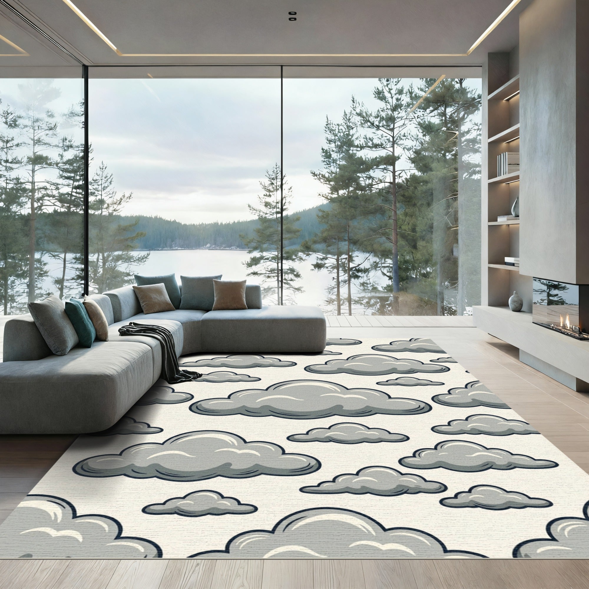 Whimsical Gray Cloudy Sky Illustration Rug