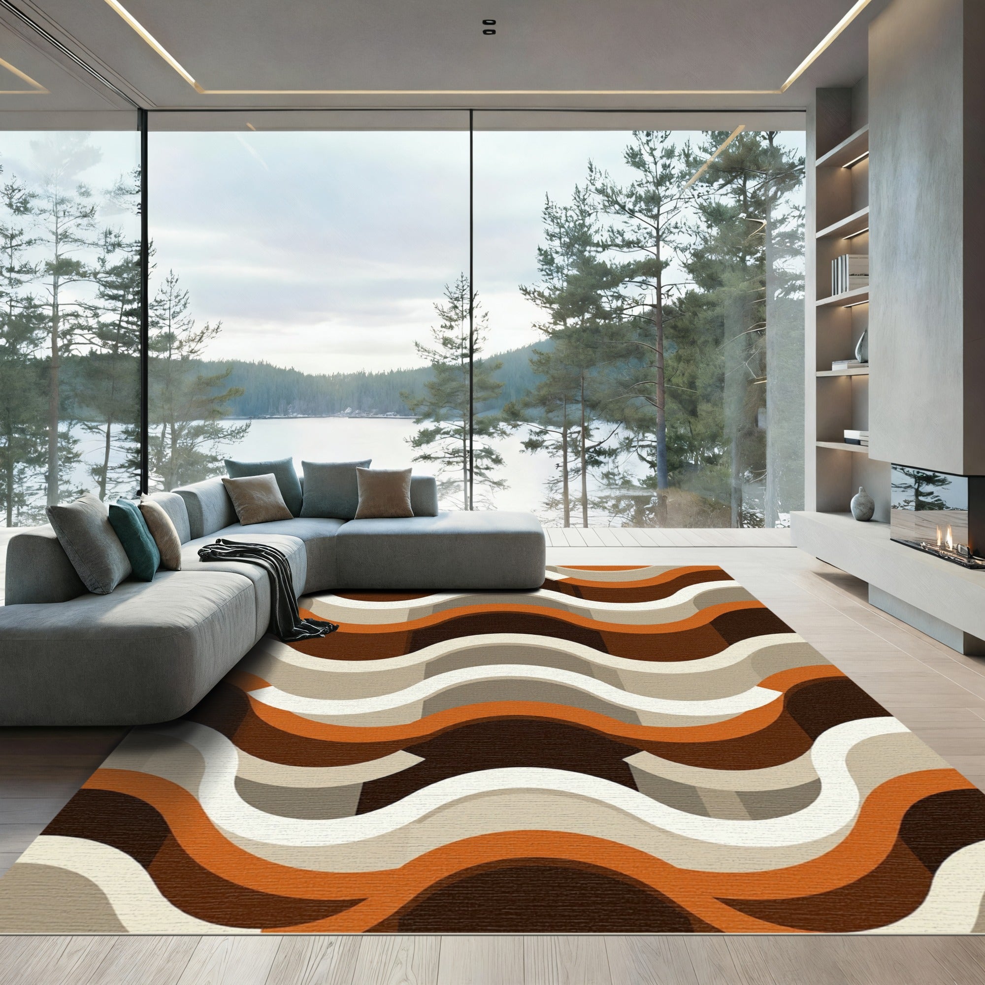 Mid-Century Retro Burnt Orange Wavy Stripe Rug