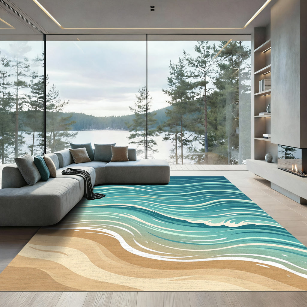 Abstract Teal Ocean Wave Coastline Rug