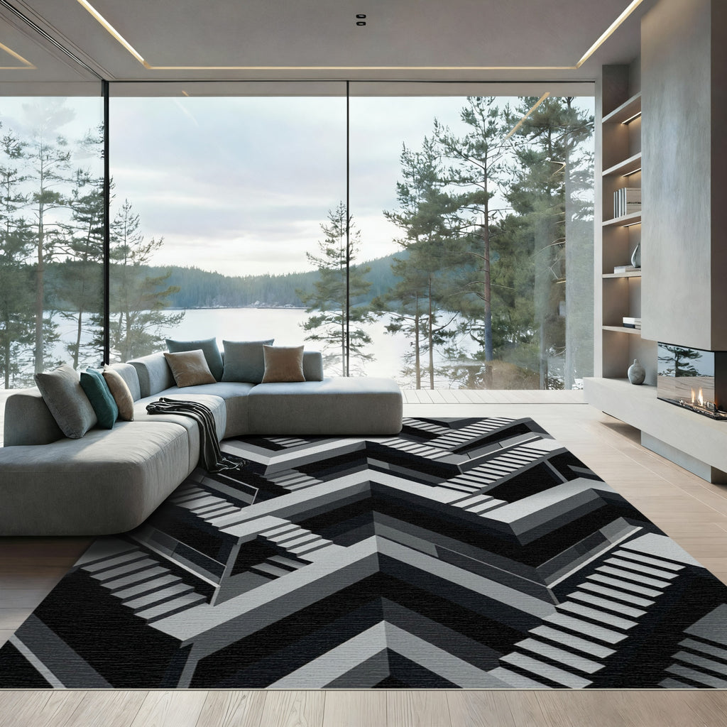Monochromatic Geometric Illusion Staircase Rug