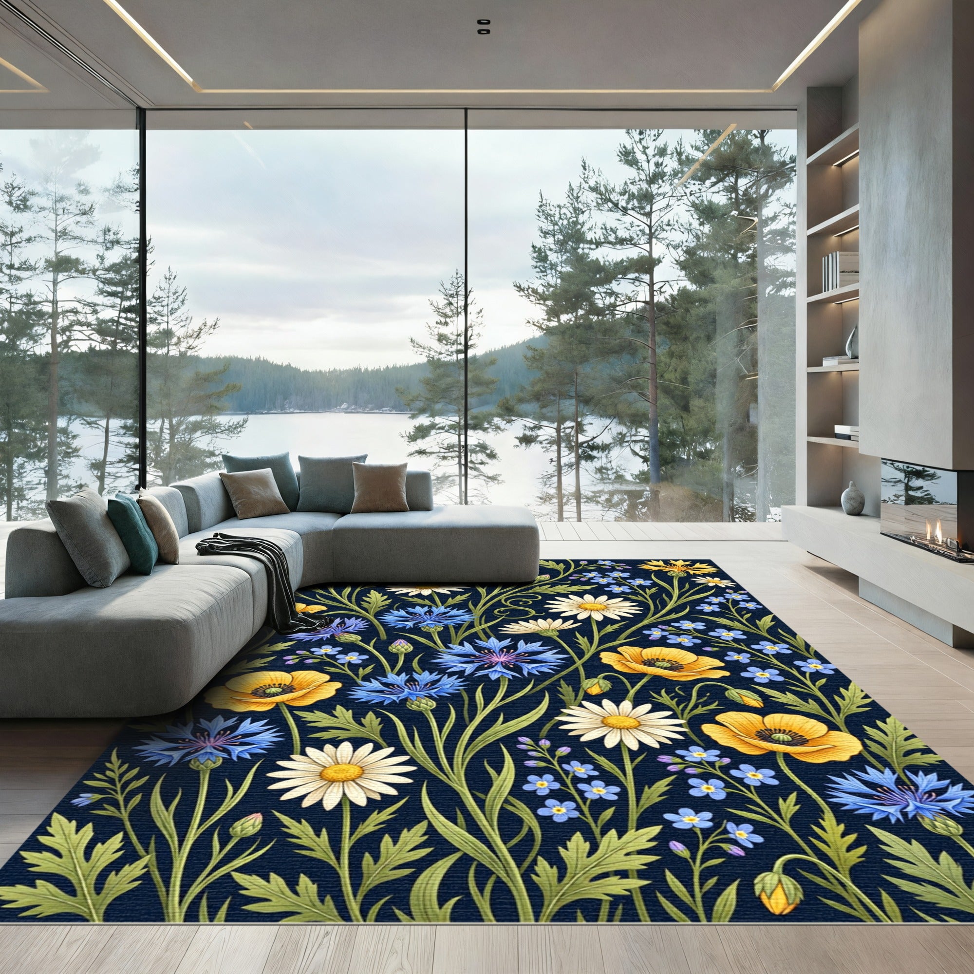 Vibrant Navy Cornflower Meadow Floral Rug