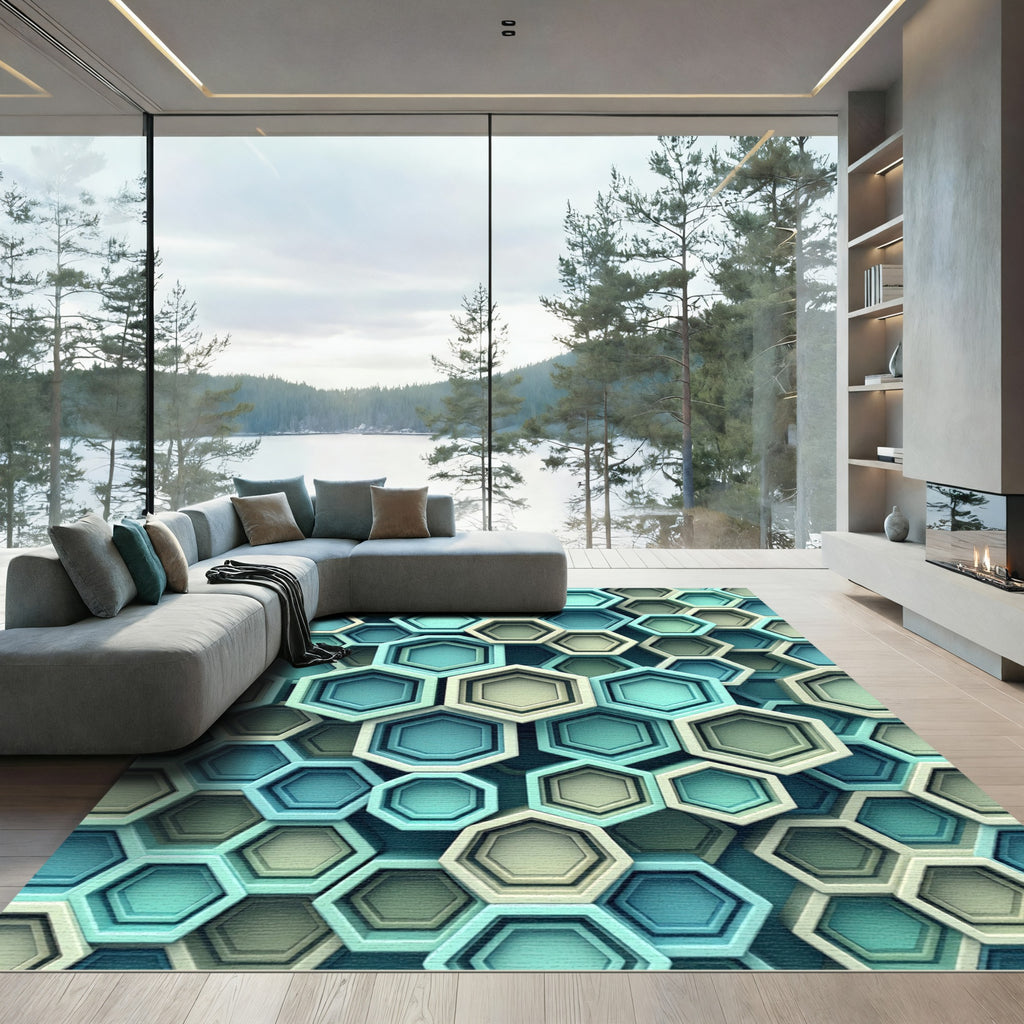 Modern Teal Geometric Hexagon Rug