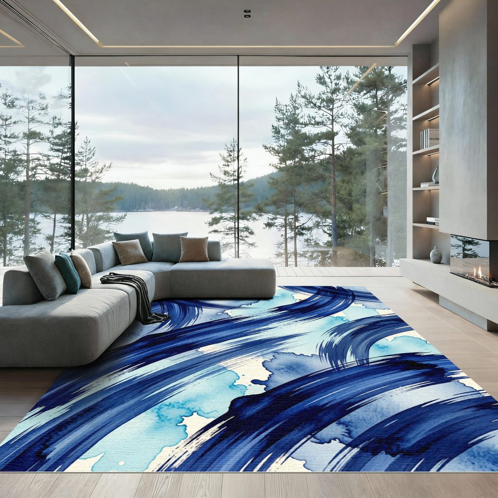 Navy Blue Abstract Fluid Brushstroke Rug