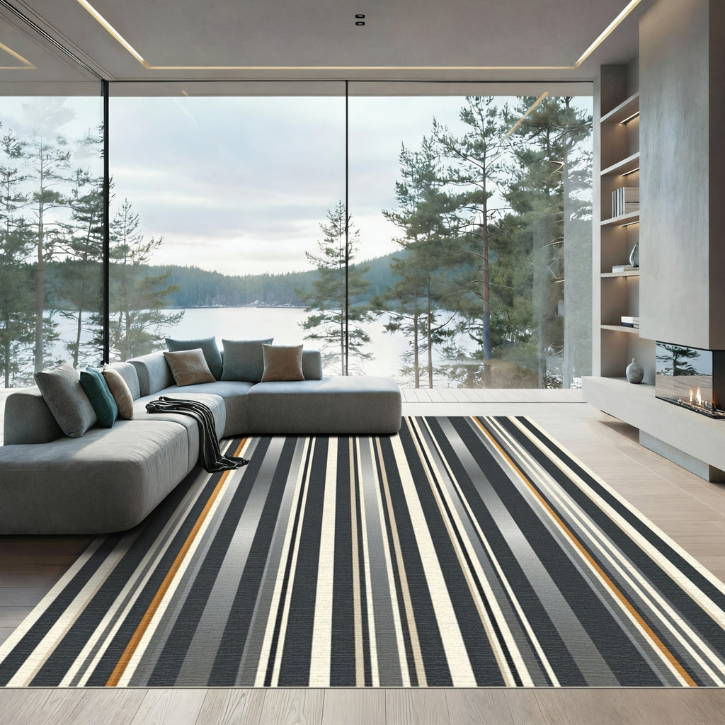 Modern Charcoal and Gold Vertical Stripe Rug