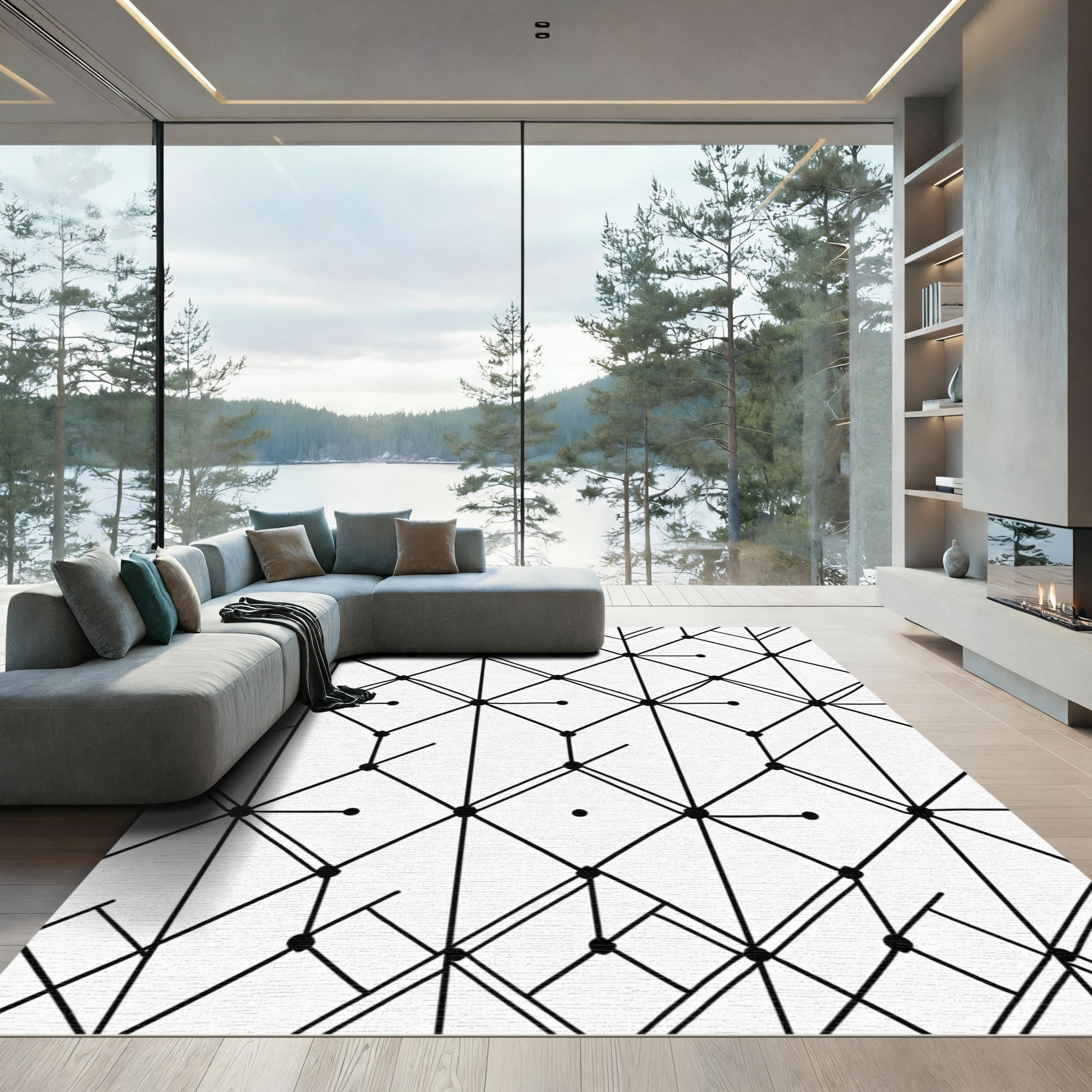 Minimalist Black White Geometric Abstract Rug