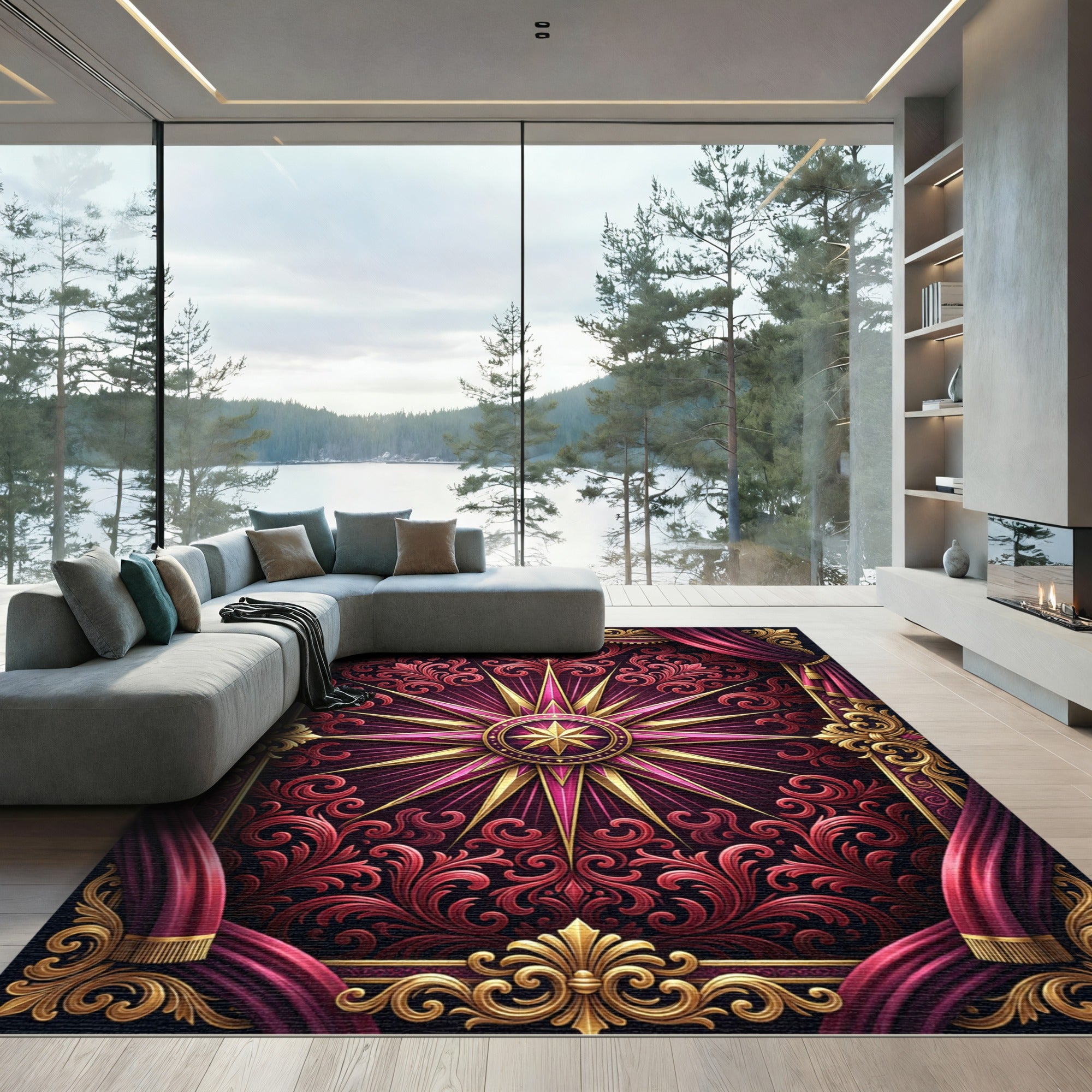Opulent Crimson Gold Radiant Star Tapestry Rug