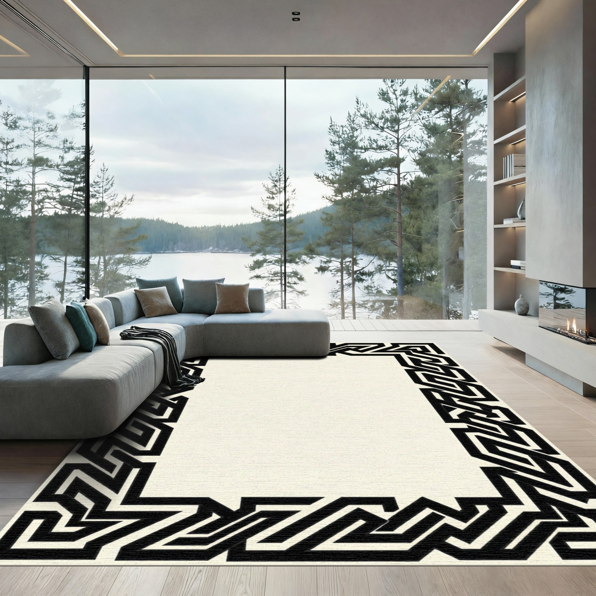 Black Geometric Maze Border Rug