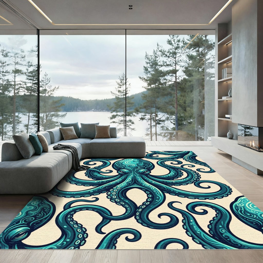 Intricate Teal Octopus Sea Creature Art Rug