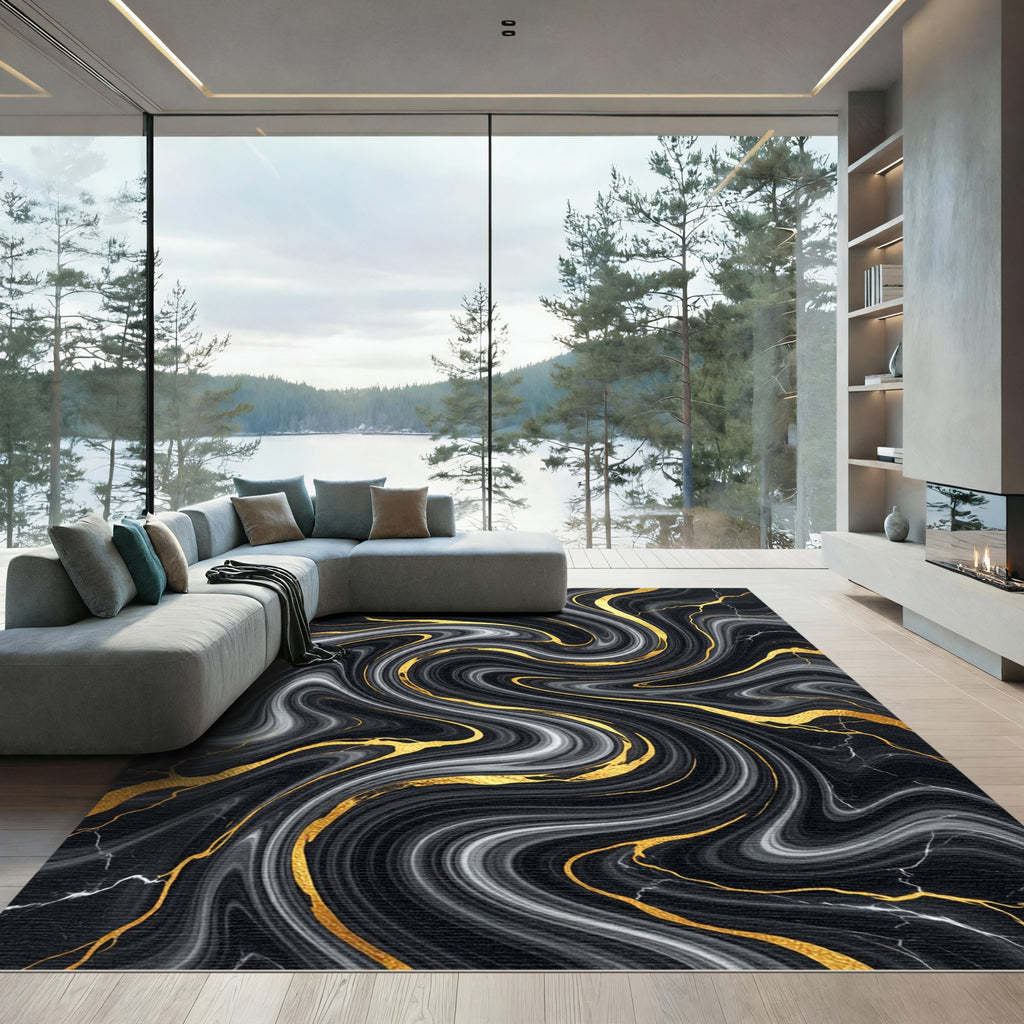 Black and White Liquid Gold Marble Rug