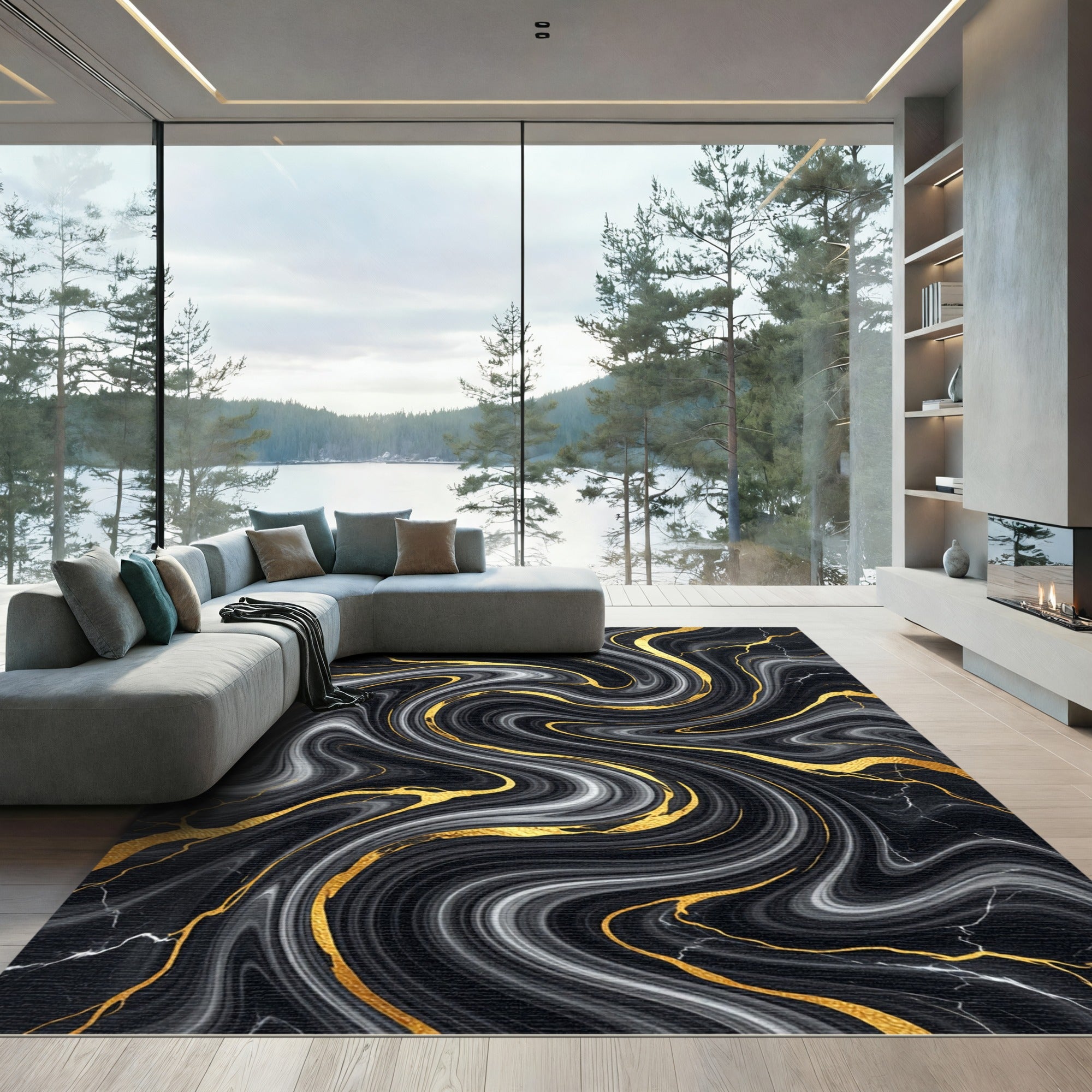 Black and White Liquid Gold Marble Rug