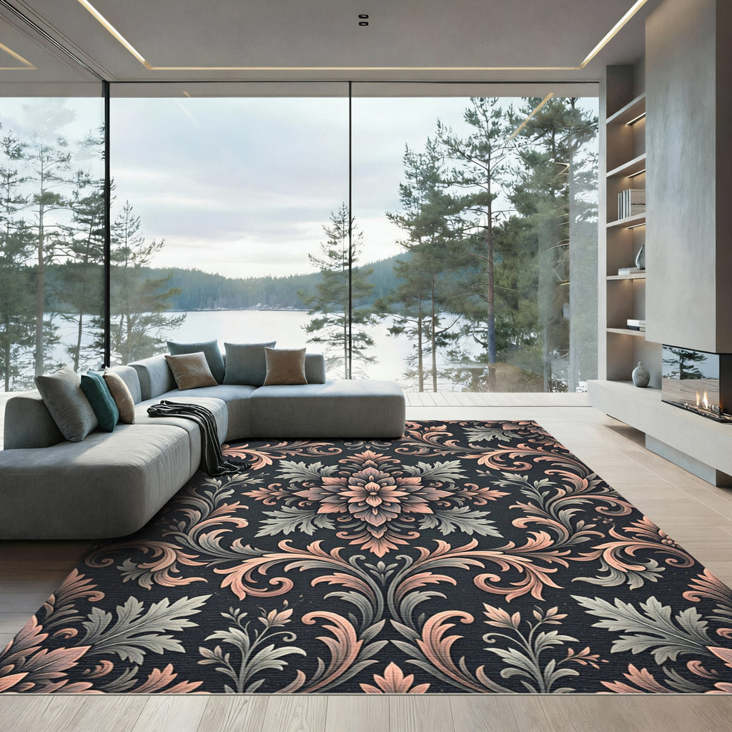 Elegant Dusty Rose Grey Damask Rug