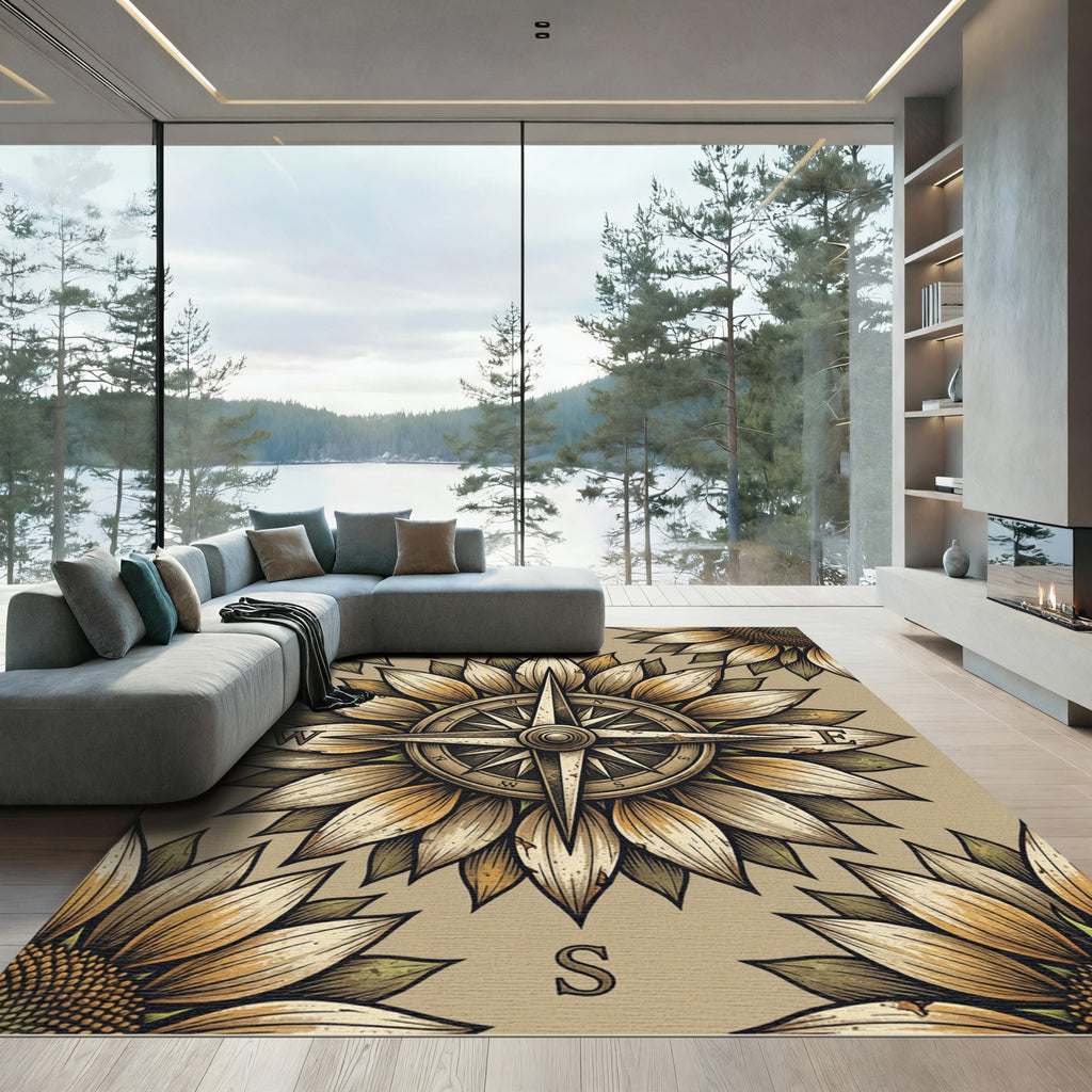 Vintage Sunflower Compass Earthy Tones Rug