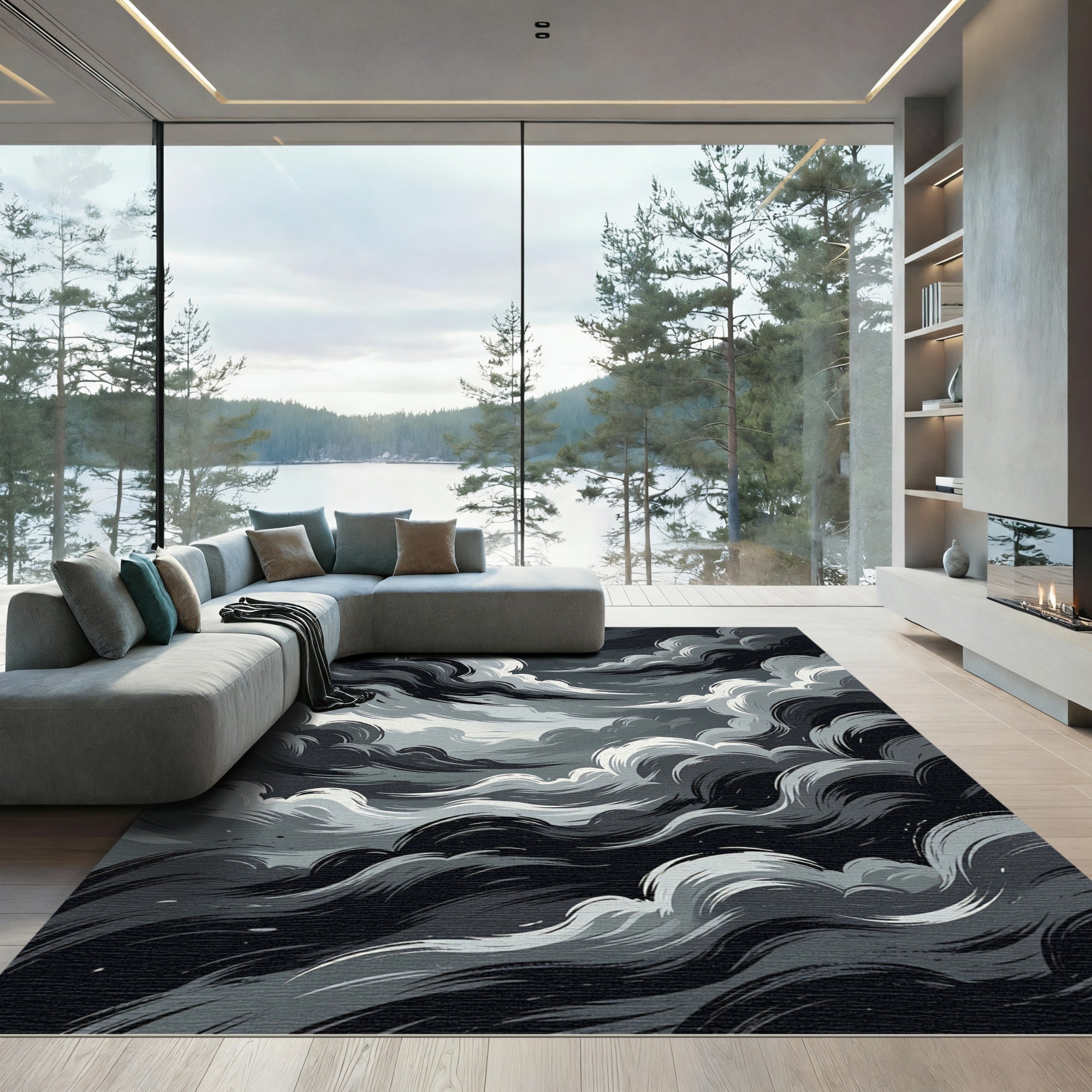 Dramatic Monochrome Swirling Storm Cloud Rug