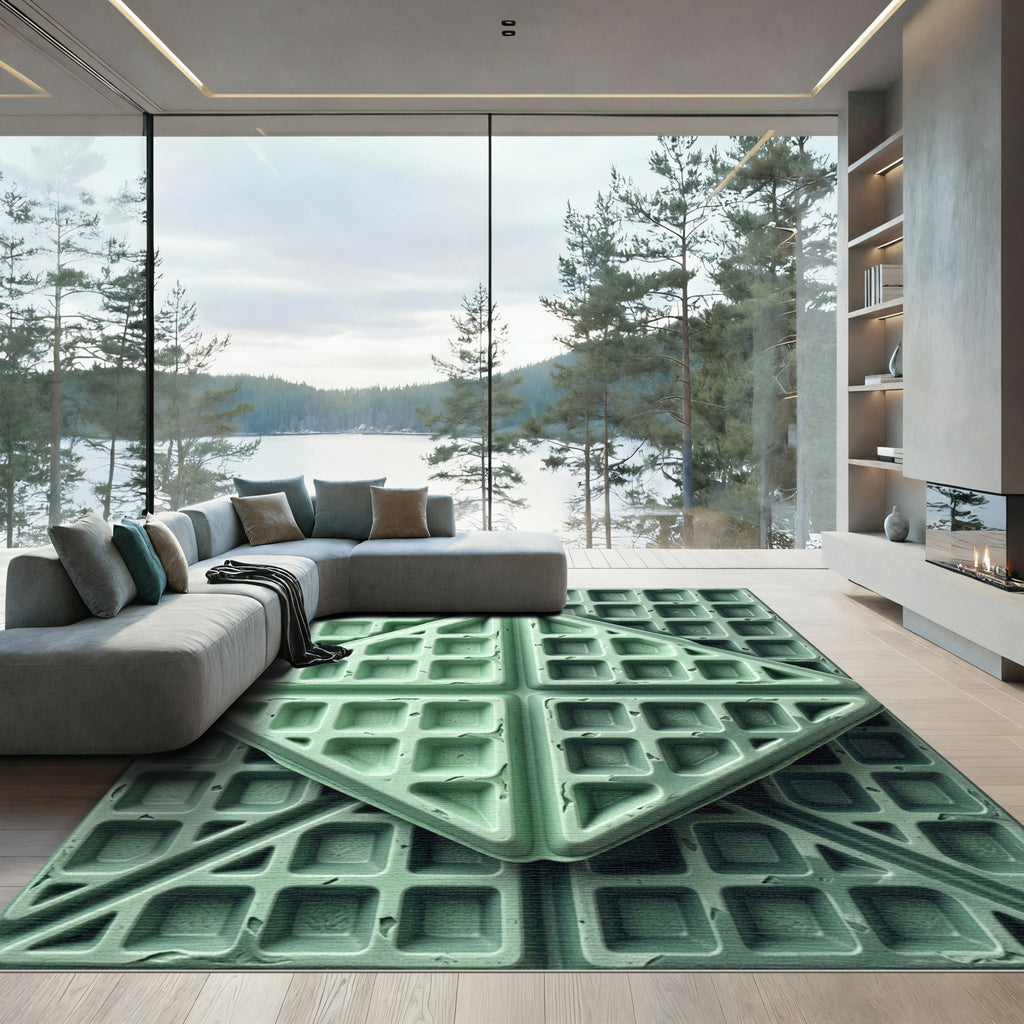 Sage Green Geometric Waffle Grid Rug