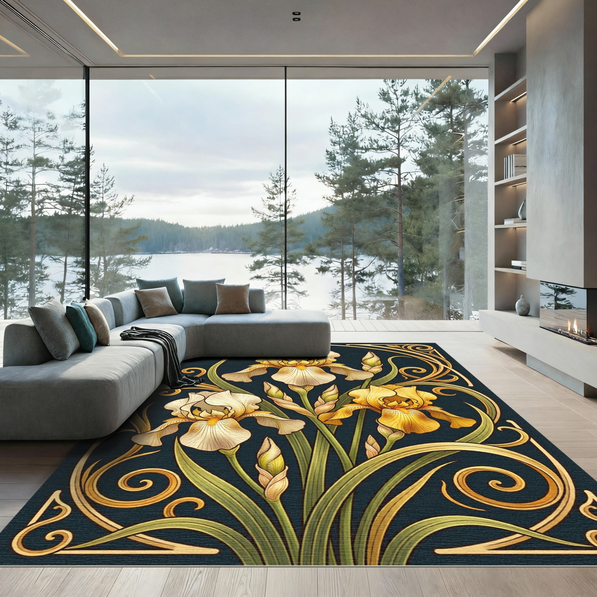 Art Nouveau Golden Iris Floral Scroll Rug