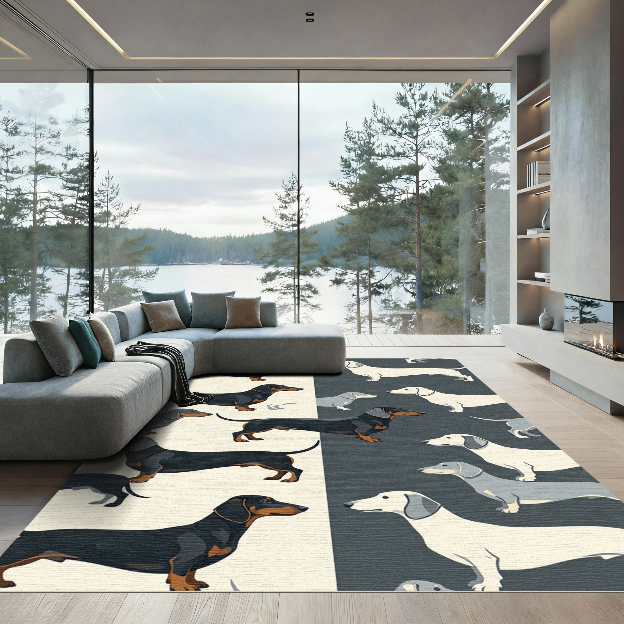 Minimalist Split Dachshund Dog Illustration Rug