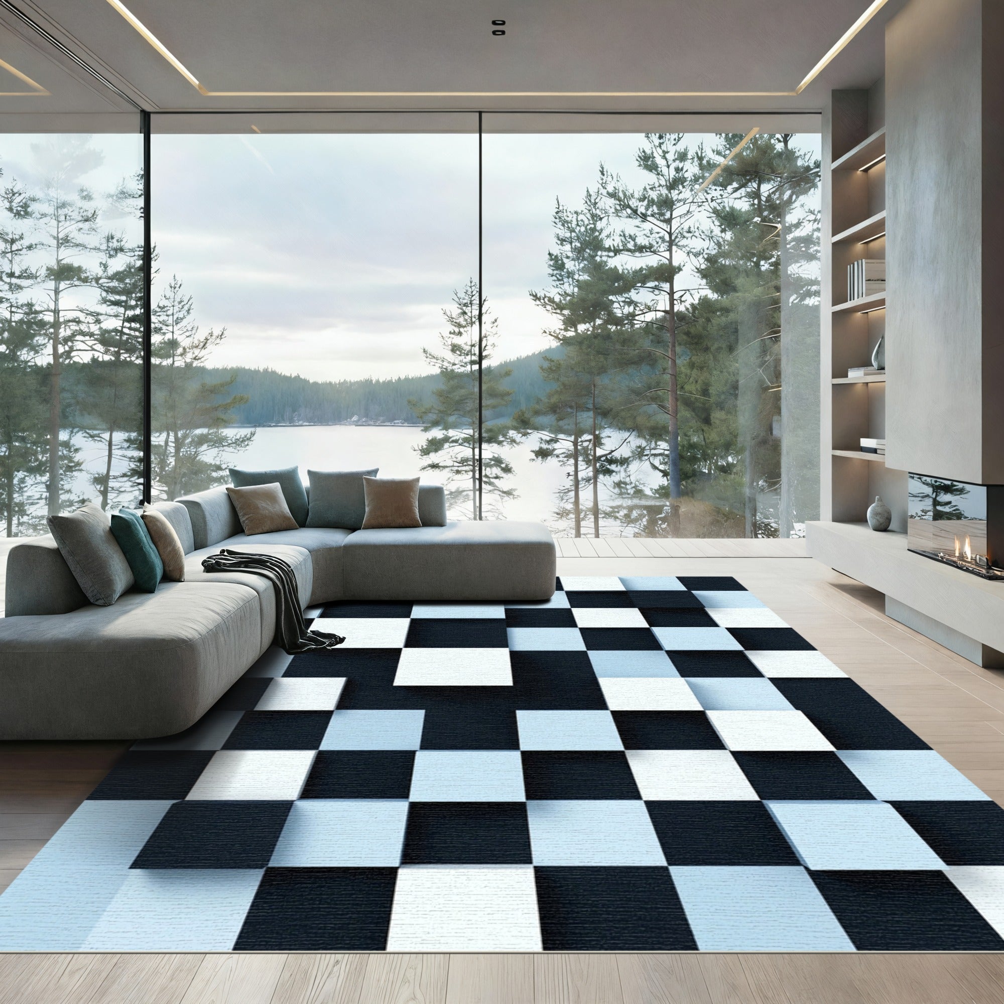 Modern Monochrome Geometric Floating Cube Rug