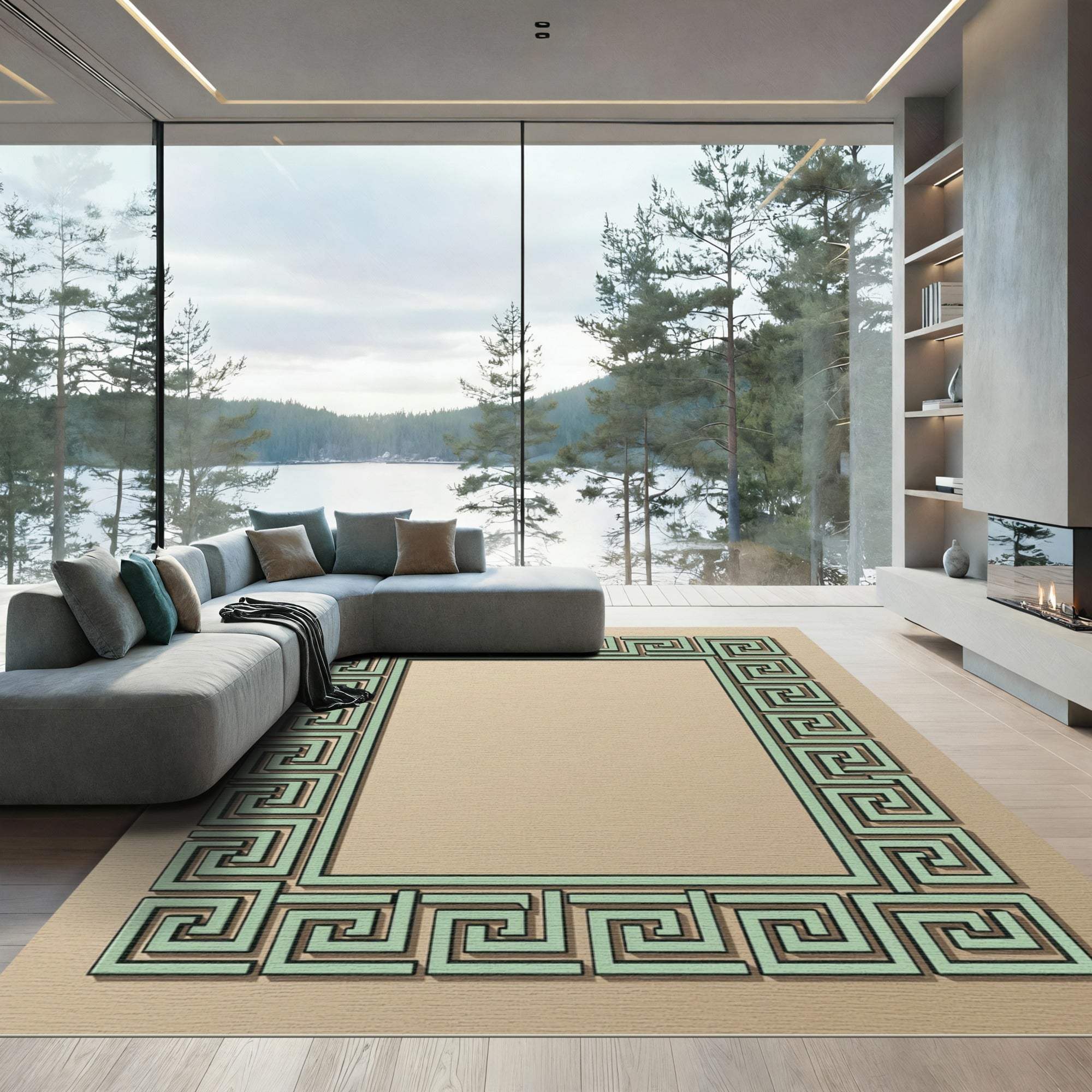 Green Geometric Greek Key Frame Rug