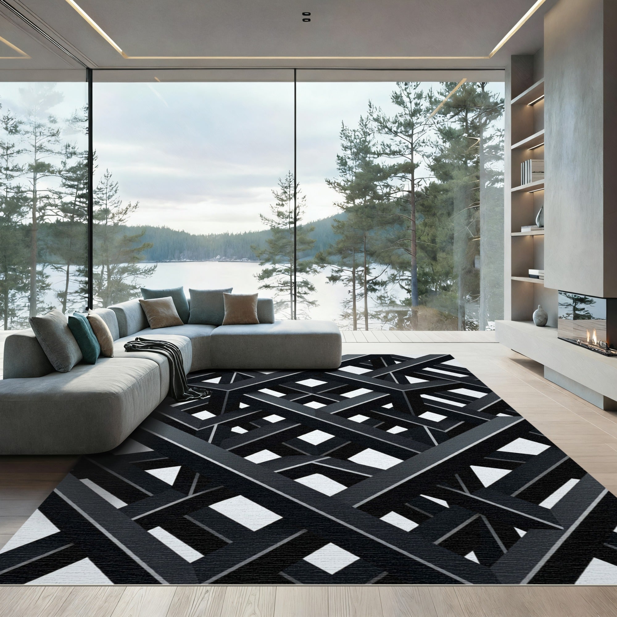 Monochrome Layered Geometric Overlay Rug