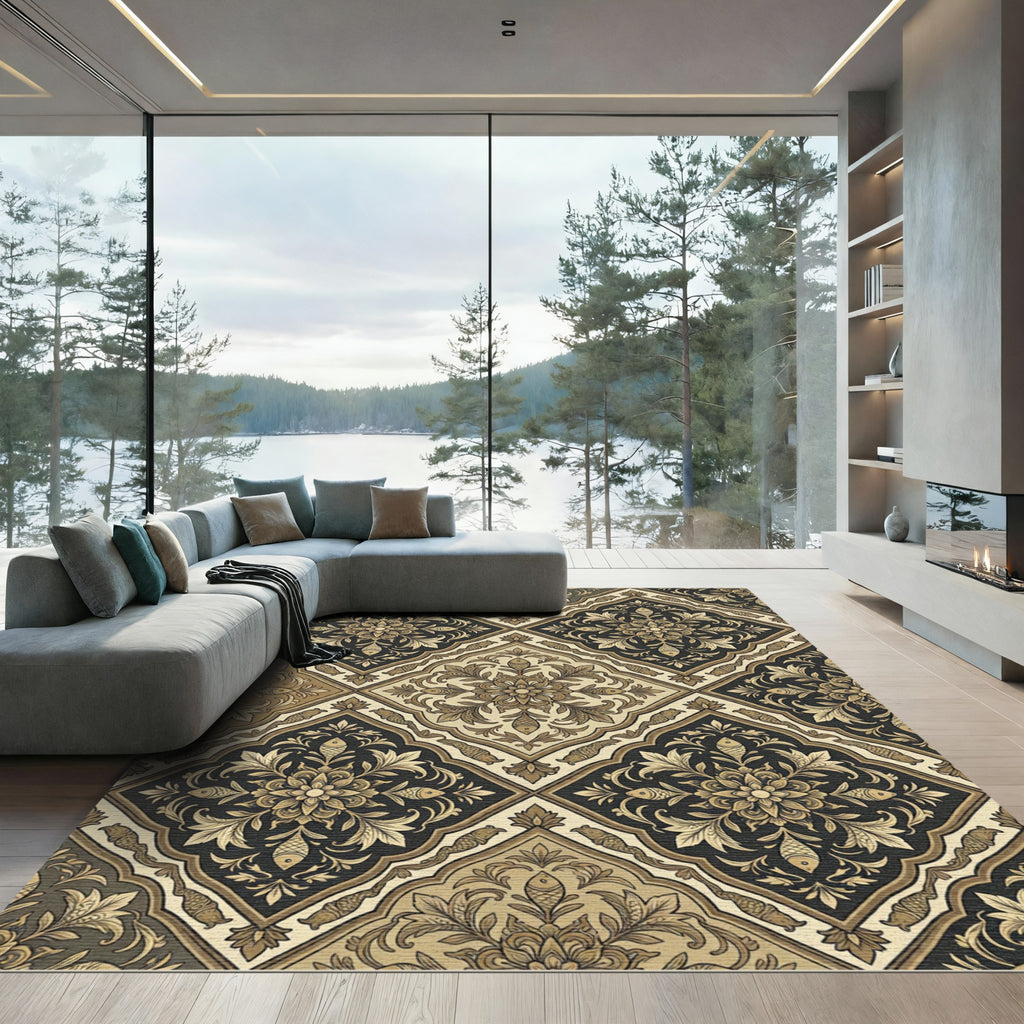 Elegant Gold Leaf Brocade Medallion Rug