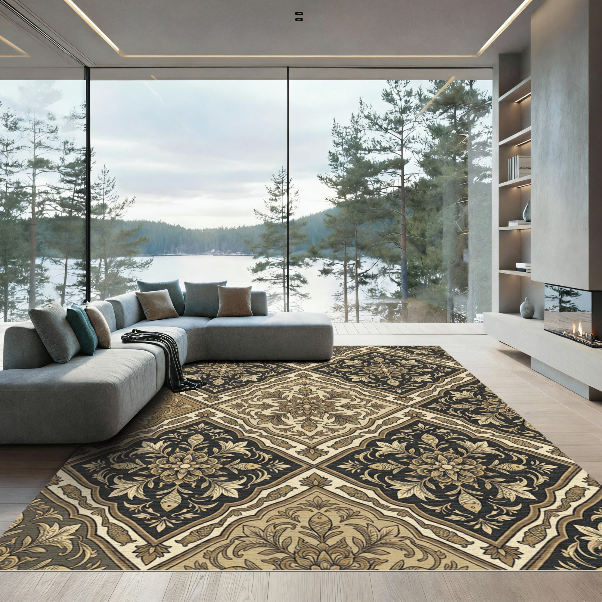 Elegant Gold Leaf Brocade Medallion Rug