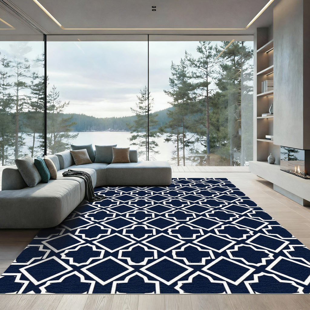 Navy White Geometric Diamond Tile Rug