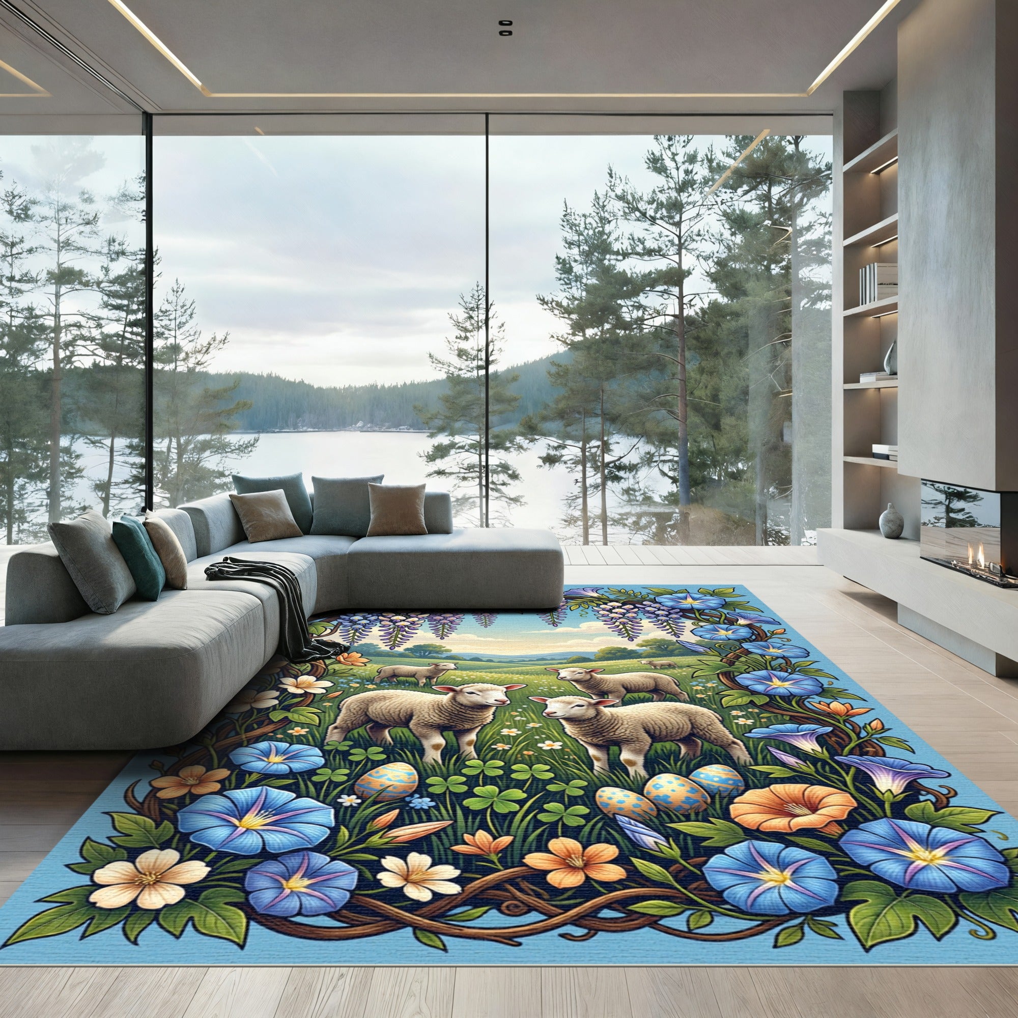 Pastoral Lambs in Floral Wisteria Meadow Rug